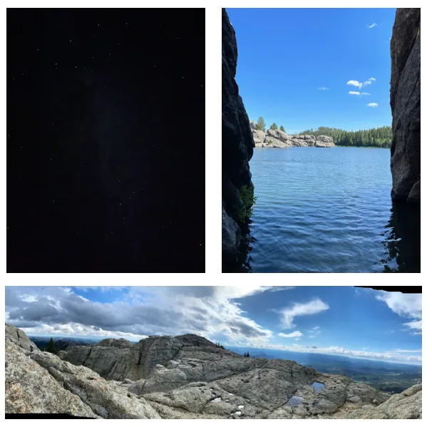 A series of photos showing mountains, a lake, and blue sky in Custer State Park